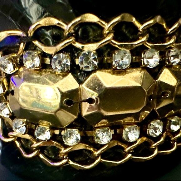 Y2K Wide Leather Croc Cuff w Gold Chain, Stones , and Rhinestones Cuff - Picture 5 of 8